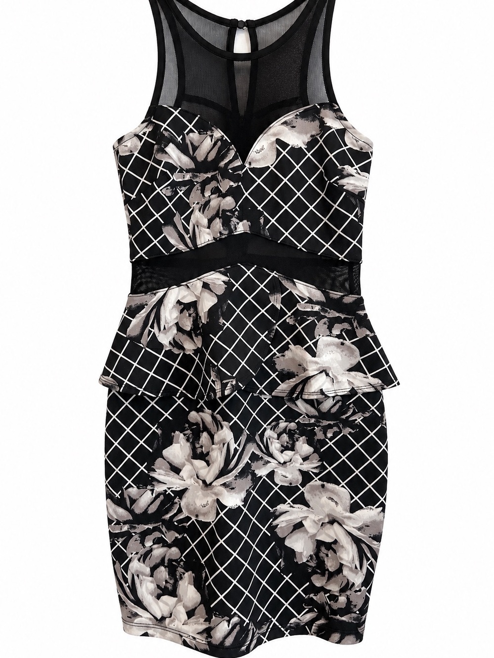 Material Girl Black and Ivory Floral Peplum Dress